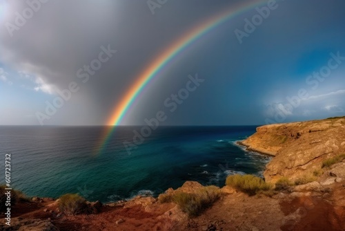 Colorful rainbow over sea and rock, thunderstorm with rain on background. Scenic landscapereinbow reflection High quality photo