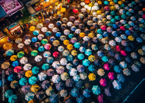 City street people with umbrellas. Holiday rainy day with umbrellas. generative ai.