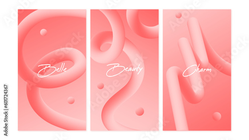 3 Pink Charming Beauty Posters with blending waves and editable texts. Posters are designed for beauty salons advertising. 3D Posters.