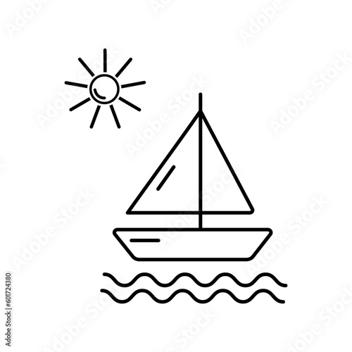Vector.Icon.Sailboat.Sun.Waves.Sea.Banner, Poster. Black on White.Advertising.Packaging.Printing for Textile,Web Design,Social Media.Summer.Holiday.Beach.Vacation.Travel.Skating.Ocean .Water.Island.