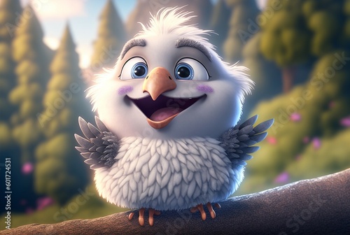 Cartoon bird. Smiling baby bird. Happy cartoon character. Generated by AI © Ksenia