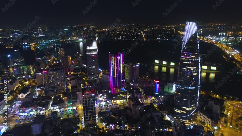 HOCHIMINH, VIETNAM - MAY, 2023: Aerial drone night city of Ho Chi Minh City (Saigon) Vietnam skyline at night from above. HOCHIMINH, VIETNAM - MAY, 2023: Aerial drone night city of Ho Chi Minh City (Saigon) Vietnam skyline at night from above.