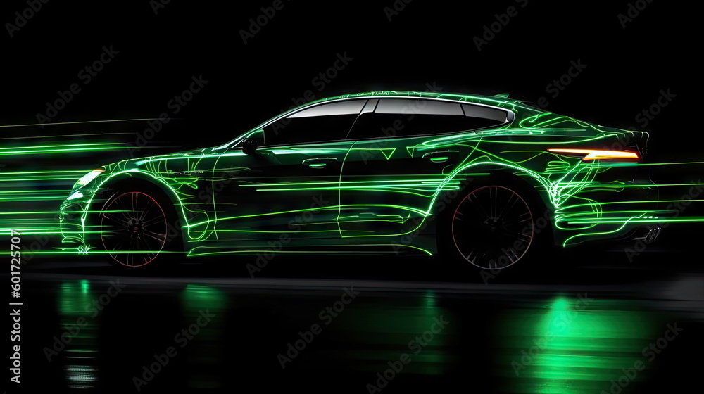 Green neon car in the dark, car on high speed , motion move Green neon car in the dark, car on high speed , motion move