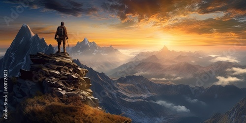 Fictional Hiker stands at the summit of a difficult mountain climb to be greeted with a beautiful view of the sunrise, Generative AI Technology © Sasint