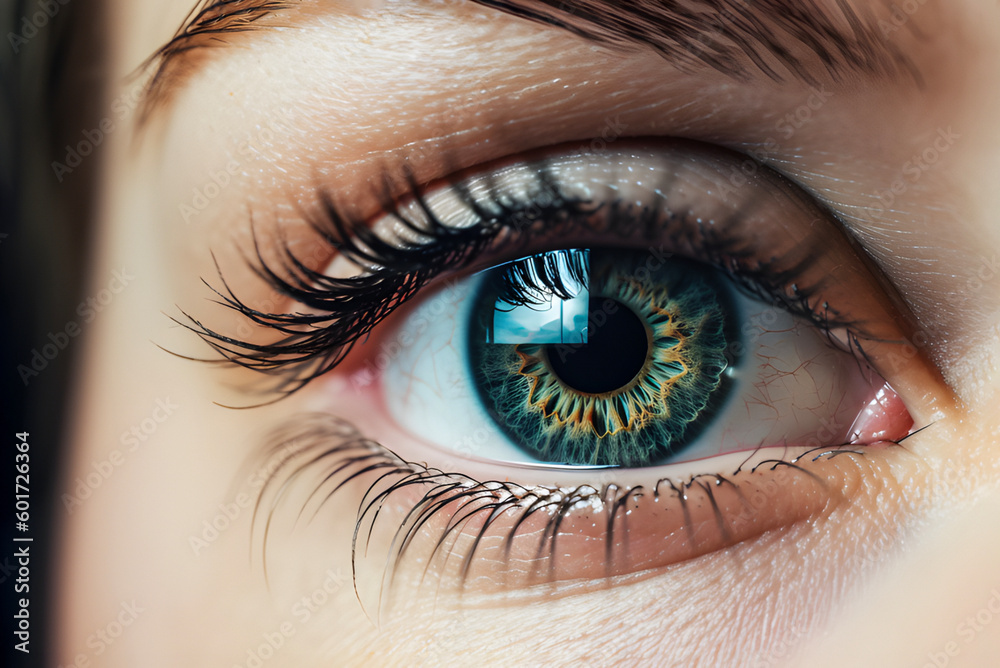 Fototapeta premium Green woman eye, super close, detailed realistic human eye, Generative AI