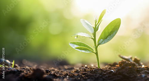 Photo of young plant with large drop of water in sunlight  Growing plant  free copy space   AI generated