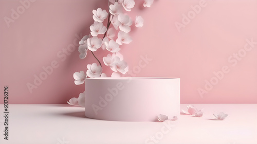 Pastel pink minimalistic pedestal stand and blooming Sakura brunch, product display. AI generated