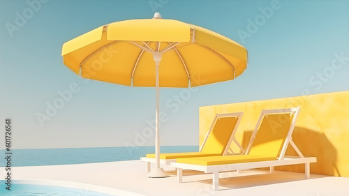 Swimming pool with yellow beach umbrella and chairs. Yellow summer vacation concept. AI generated