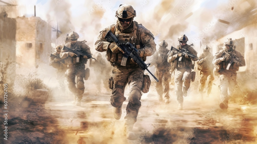 Modern warfare soldiers moving forward, Generative AI Technology Modern warfare soldiers moving forward, Generative AI Technology