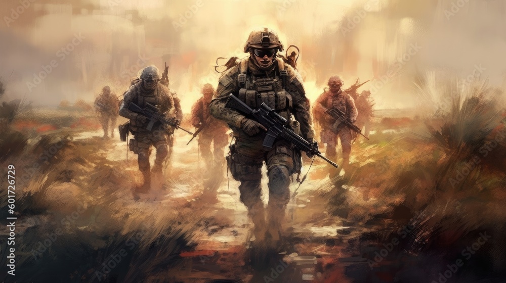 Modern warfare soldiers moving forward, Generative AI Technology