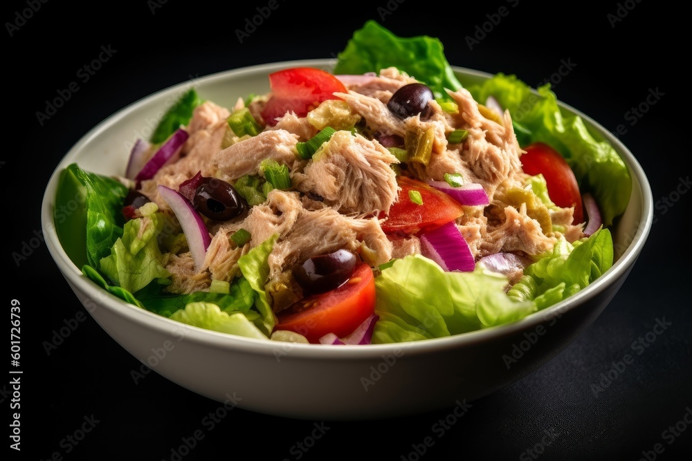 tuna salad with chunks of tuna, diced tomatoes and onions, and lettuce in a bowl tuna salad with chunks of tuna, diced tomatoes and onions, and lettuce in a bowl