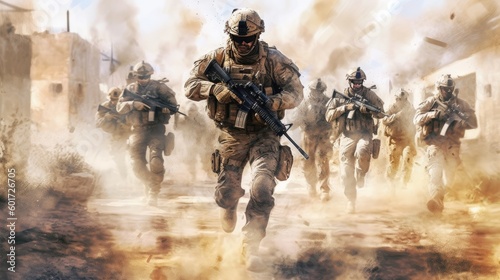 Photo Modern warfare soldiers moving forward, Generative AI Technology