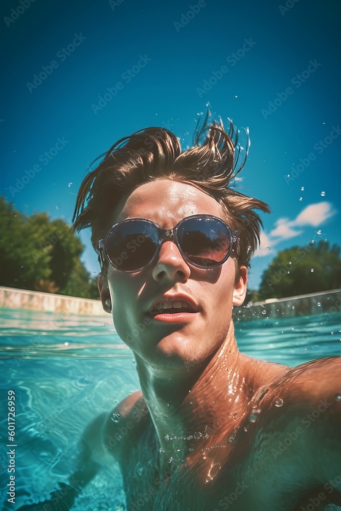 Young Guy Swimming Wearing Sunglasses Photorealistic Illustration [Generative AI]
