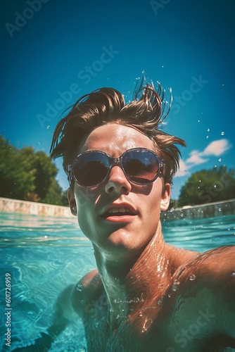 Young Guy Swimming Wearing Sunglasses Photorealistic Illustration  Generative AI 