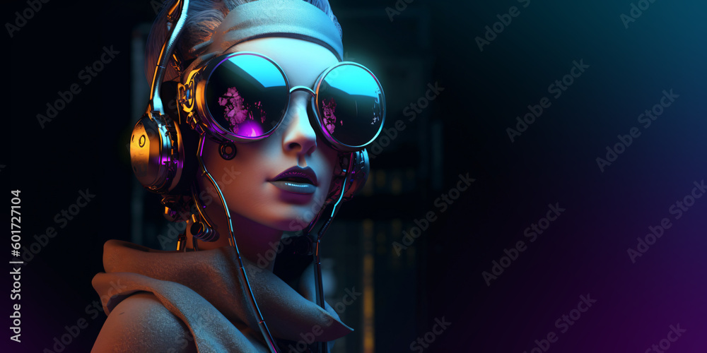 crazy female cyborg portrait with headphones and sunglasses, fictional person created with generative ai