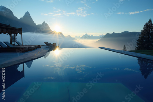 back view young adult female person enjoy relax in infinity edge luxury outdoor swimming pool looking on fog hill green mountains in warm sunset light. Alpine welness travel vacation, generative AI photo