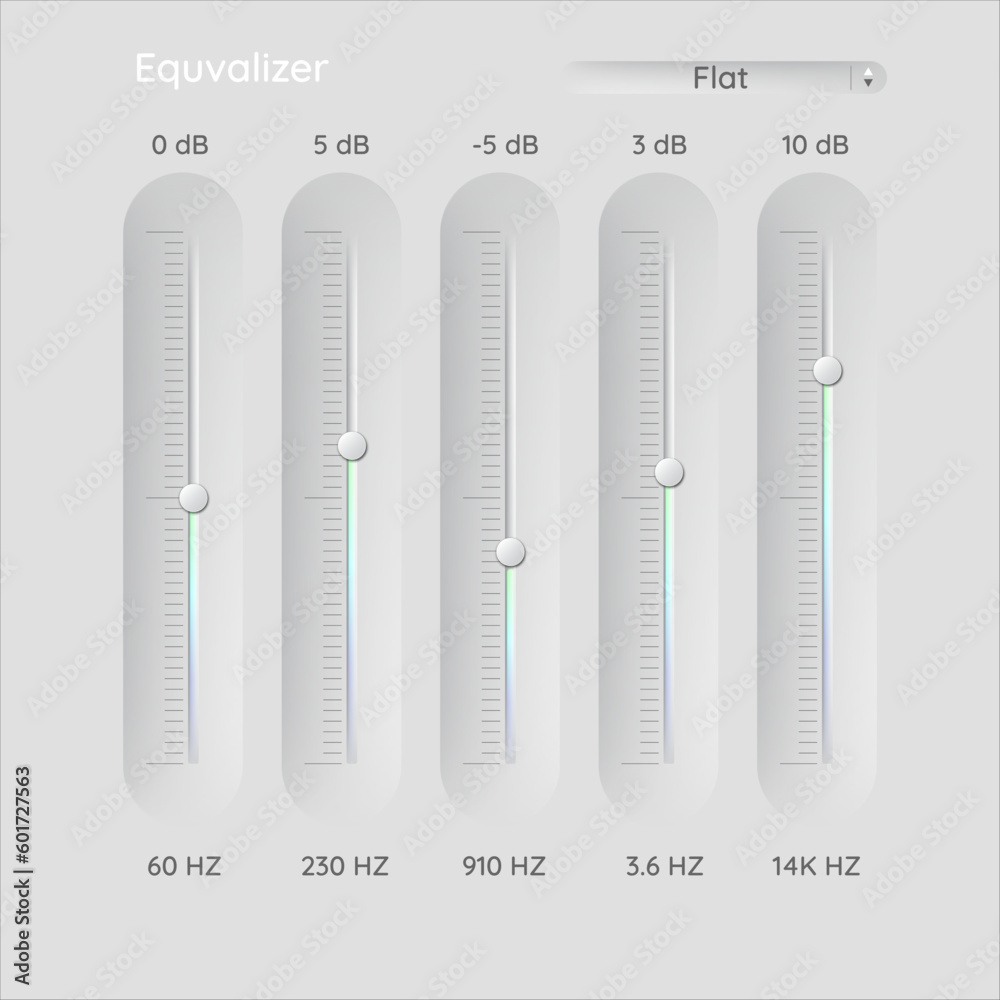 Audio Equalizer EQ. Volume control sliders. Virtual audio device VST