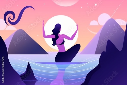 sea woman ocean back lotus balance person exercise relaxation yoga meditation. Generative AI.