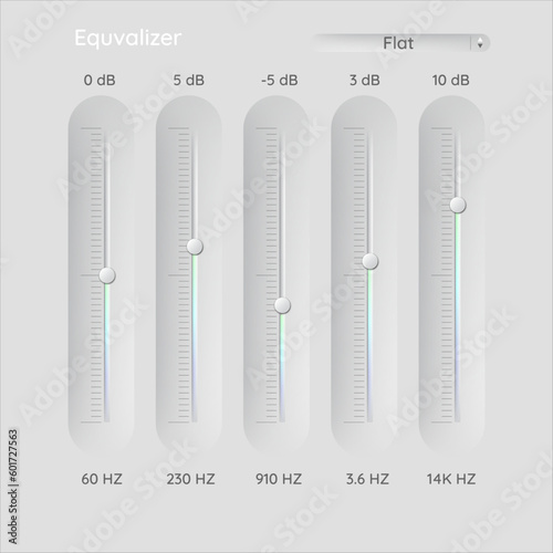 Audio Equalizer EQ. Volume control sliders. Virtual audio device VST. Vector UI neomorphis style interface.