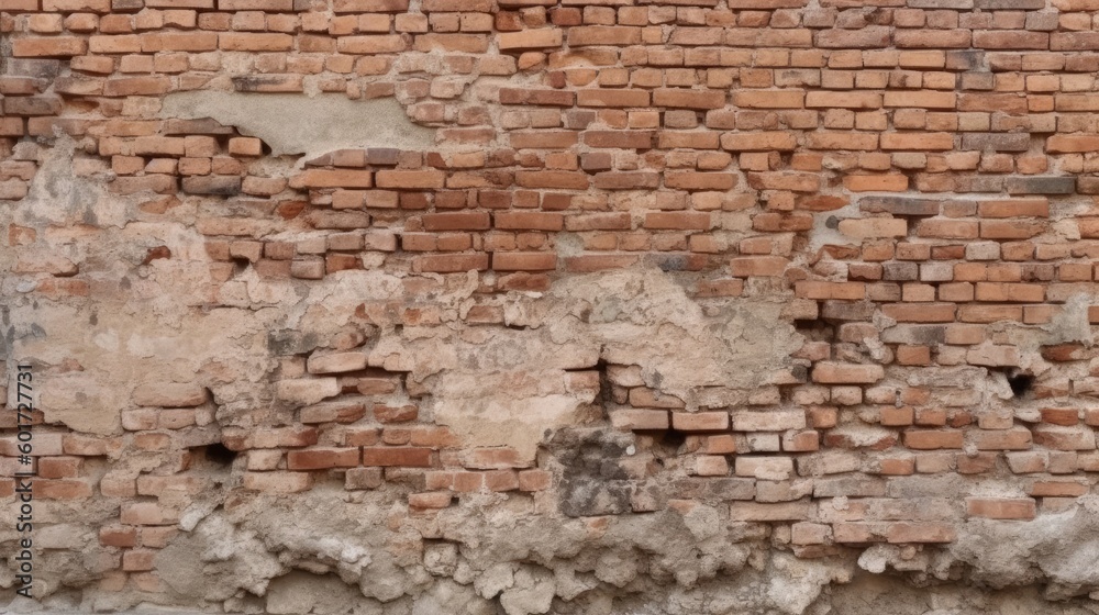 Old brick wall with chipping natural stone cladding. Vintage brickwork texture. Grunge background with space for design. Rough dirty distressed surface. Broken facade of the building. Generative AI. Old brick wall with chipping natural stone cladding. Vintage brickwork texture. Grunge background with space for design. Rough dirty distressed surface. Broken facade of the building. Generative AI.