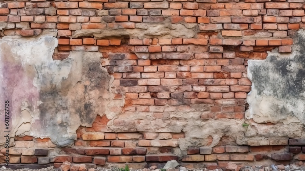 Old brick wall with chipping natural stone cladding. Vintage brickwork texture. Grunge background with space for design. Rough dirty distressed surface. Broken facade of the building. Generative AI. Old brick wall with chipping natural stone cladding. Vintage brickwork texture. Grunge background with space for design. Rough dirty distressed surface. Broken facade of the building. Generative AI.