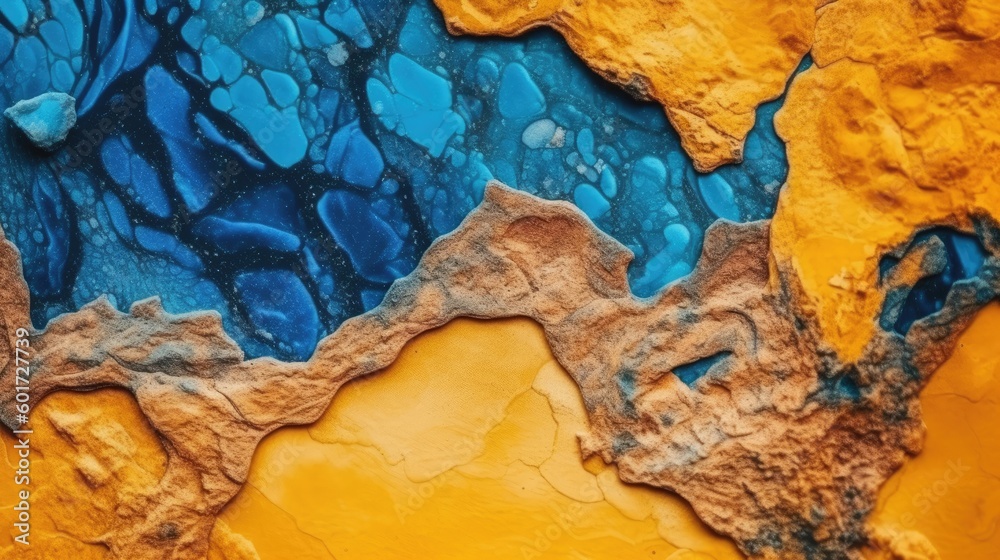 Fototapeta premium Yellow orange blue abstract grunge background. Toned rock surface texture. Close-up. Colorful stone background for design. Generative AI.