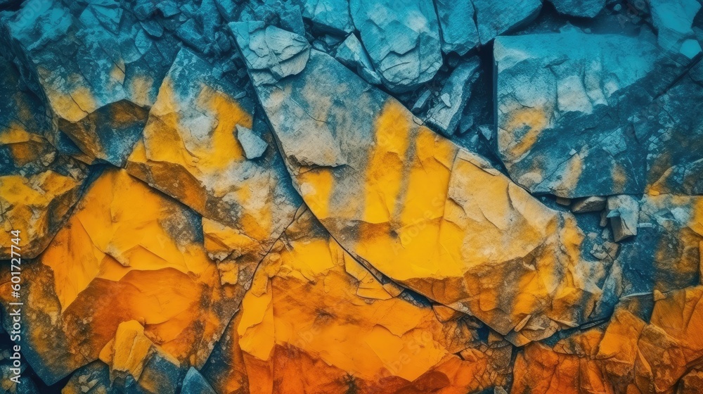 Yellow orange blue abstract grunge background. Toned rock surface texture. Close-up. Colorful stone background for design. Generative AI.