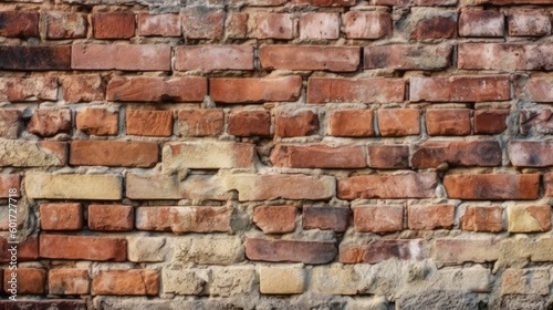 Old brick wall with chipping natural stone cladding. Vintage brickwork texture. Grunge background with space for design. Rough dirty distressed surface. Broken facade of the building. Generative AI. 