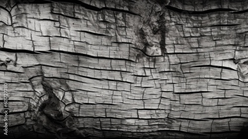 Black white wood texture. Old cracked wooden surface. Close-up. Dark gray grunge background for design. Generative AI.