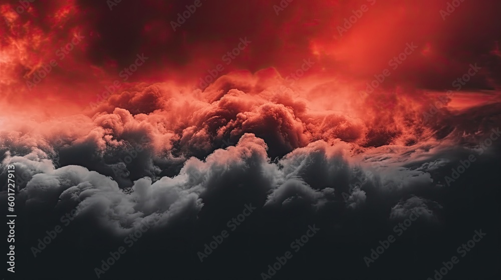 Toned night sky with fluffy soft clouds. Black red abstract background with copy space for design. Generative AI。
