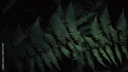 Dark green nature background. Fern leaves. Black green background for design. Generative AI.