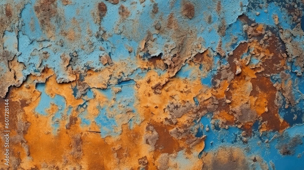 Rusty metal plate background. Orange blue abstract grunge texture background. Old rusty painted wall surface. Generative AI. Rusty metal plate background. Orange blue abstract grunge texture background. Old rusty painted wall surface. Generative AI.