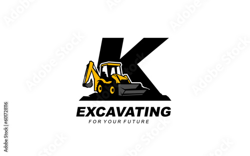 K logo excavator backhoe for construction company. Heavy equipment template vector illustration for your brand.