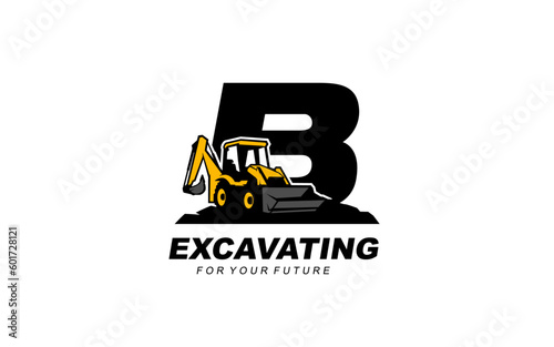 B logo excavator backhoe for construction company. Heavy equipment template vector illustration for your brand.
