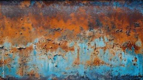 Rusty metal plate background. Orange blue abstract grunge texture background. Old rusty painted wall surface. Generative AI.