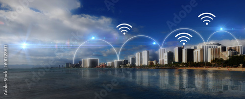 Connection, internet and city landscape at night for networking. web and cyber network. Tech, lighting and design for connectivity, connections and digital symbol in the sky of a town at the beach