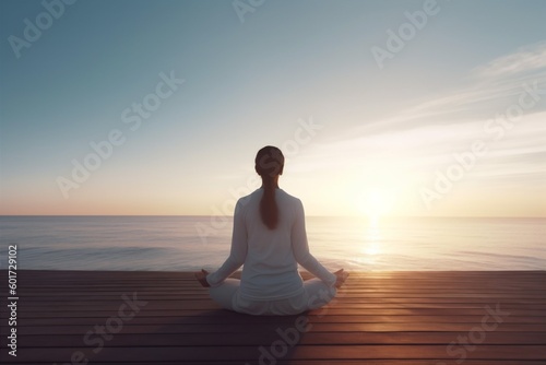 pose woman fitness lotus yoga white summer ocean young pier lifestyle sea. Generative AI.