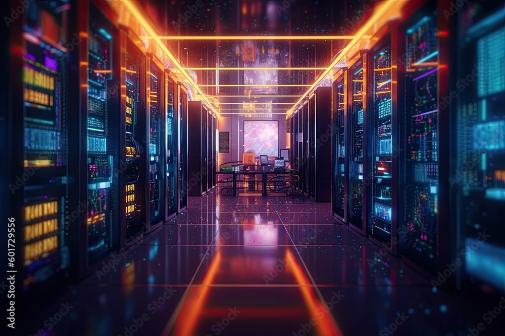 Super computer and quantum server rack in Data center control room. Generetive AI Super computer and quantum server rack in Data center control room. Generetive AI