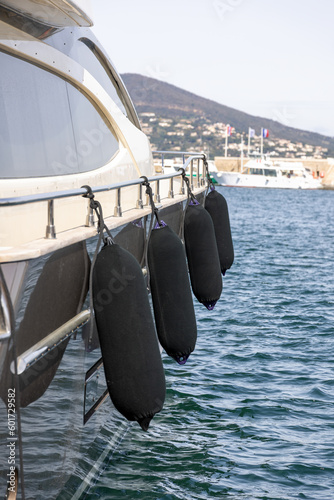 Bullbar for ships in black on a luxury yacht in the marina of Saint Tropez on the Cote d'Azur, French Riviera photo