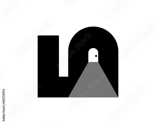 anagram monogram of initial letter L A 5 with perspective view of an arch door at the distance as negative space