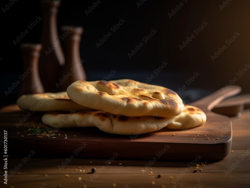 Φωτογραφία naan bread with visible air pockets and a light golden color on a wooden board