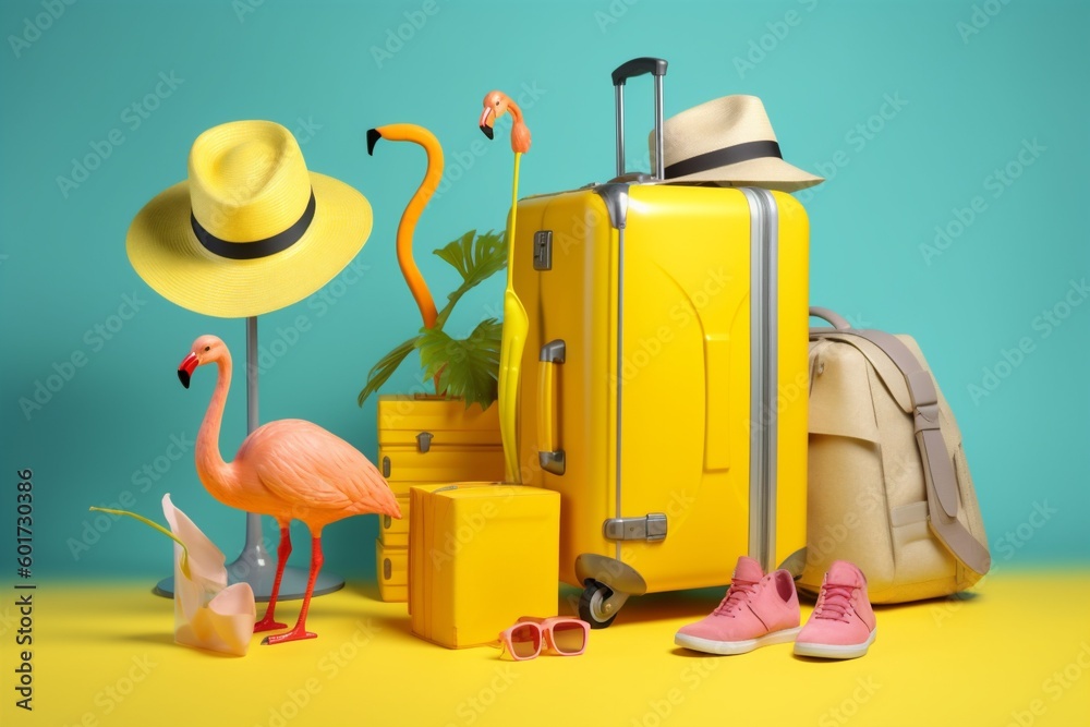 suitcase vacation summer blue sea sunglasses background flamingo yellow travel concept. Generative AI.