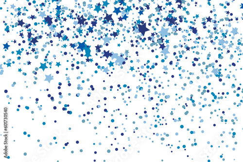 Stars blue glitter confetti isolated on blurred abstract white background. Festive holiday background. Celebration concept. Falling magic gold particles. Invitation mock up. Top view, flat lay