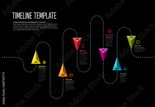 Infographic dotted timeline template with up and down triangle arrows on black background