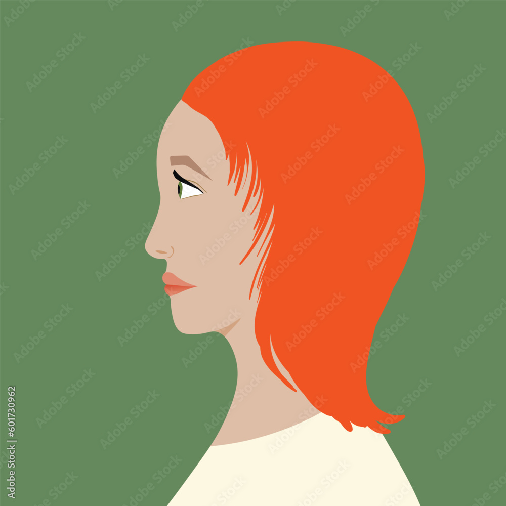 Portrait of a fashion woman. The head in profile of a European brunette woman. Face of girl. Flat design for for landing page, banner, social Media Avatar. Color vector illustration.