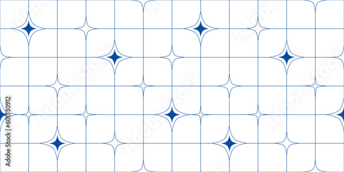 Abstract Minimalist Seamless Pattern in Memphis Aesthetic. Vector Texture with Blue Sparkle Star Shapes and Lines Isolated on White Background