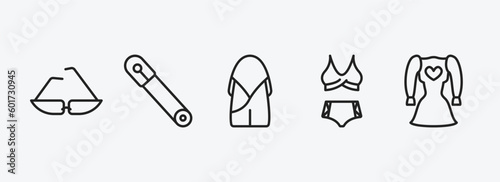 woman clothing outline icons set. woman clothing icons such as cat eyes glasses, safety pin, hobo shoulder bag, swimsuit feminine, heart shaped clothes vector. can be used web and mobile.