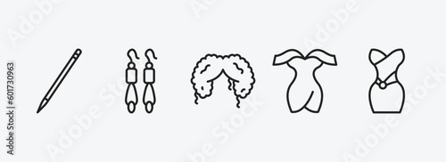 woman clothing outline icons set. woman clothing icons such as eyes makeup pencils, dangling earrings, curling hair, sexy female dress, strapless tube dress vector. can be used web and mobile.
