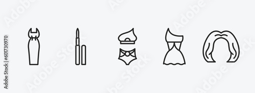 woman clothing outline icons set. woman clothing icons such as bottle, eyeliner pencils, bikini, female sexy dress, vector. can be used web and mobile.