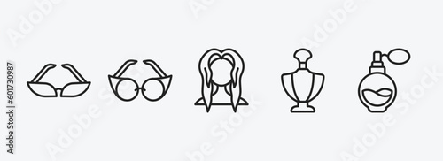 woman clothing outline icons set. woman clothing icons such as glasses, eyeglasses, female with long hair, perfume bottle, parfum bottle vector. can be used web and mobile.